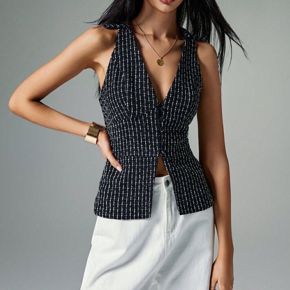 Black and White Casual Women's Sleeveless Blouse - Picture 1 of 7